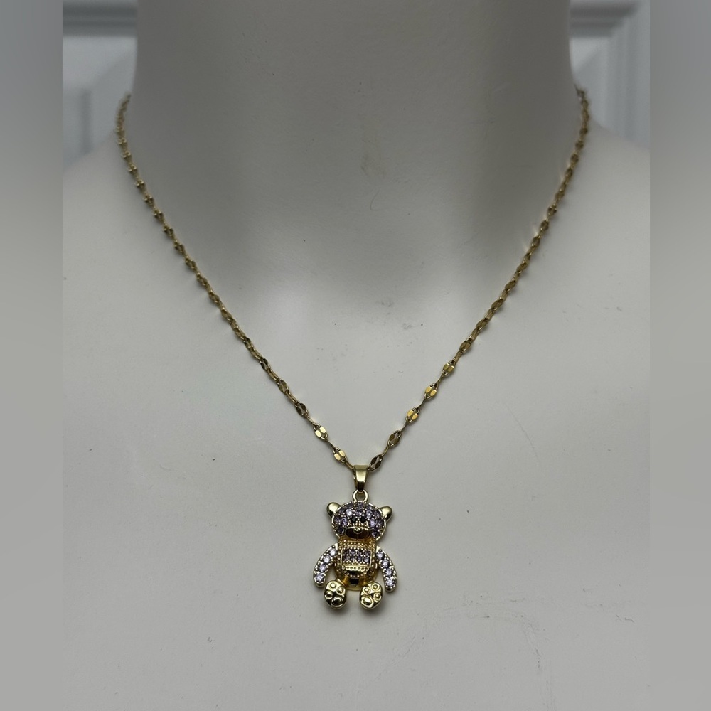 Gold Stainless Steel Teddy Bear Pendant Necklace – 18"  New